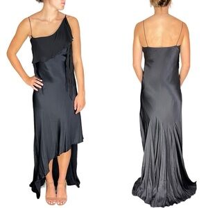 Dina Bar-El Silk Asymmetric High Low Spaghetti Strap Godet Train Gown Maxi Dress